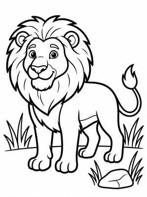 Black and white outline drawing of an anatomically correct adult male lion standing, featuring a majestic mane, powerful legs, and long tail.