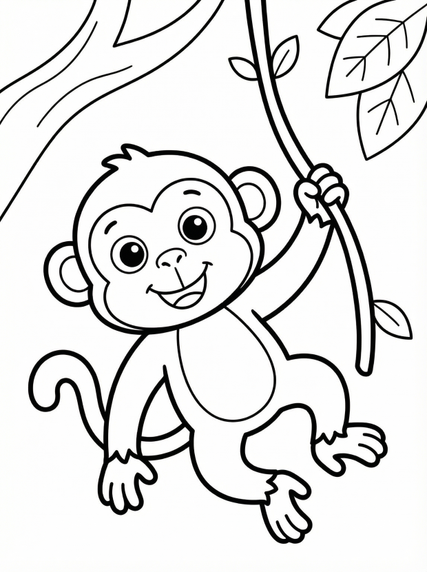 Free printable coloring page showing a playful monkey swinging from vines, perfect for kids to practice creativity and fine motor skills