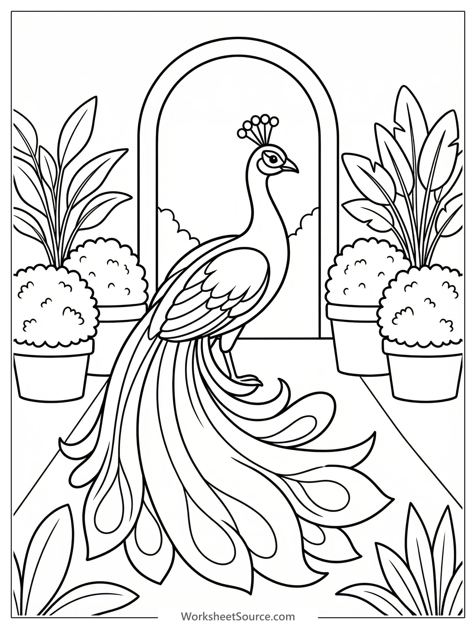 An anatomically correct peacock with detailed tail feathers stands elegantly in a beautiful formal garden with lush plants and blooming flowers.