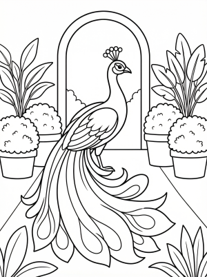 An anatomically correct peacock with detailed tail feathers stands elegantly in a beautiful formal garden with lush plants and blooming flowers.