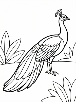 Anatomically correct adult peacock standing gracefully, facing right with its magnificent tail train fanned and trailing behind on the ground.