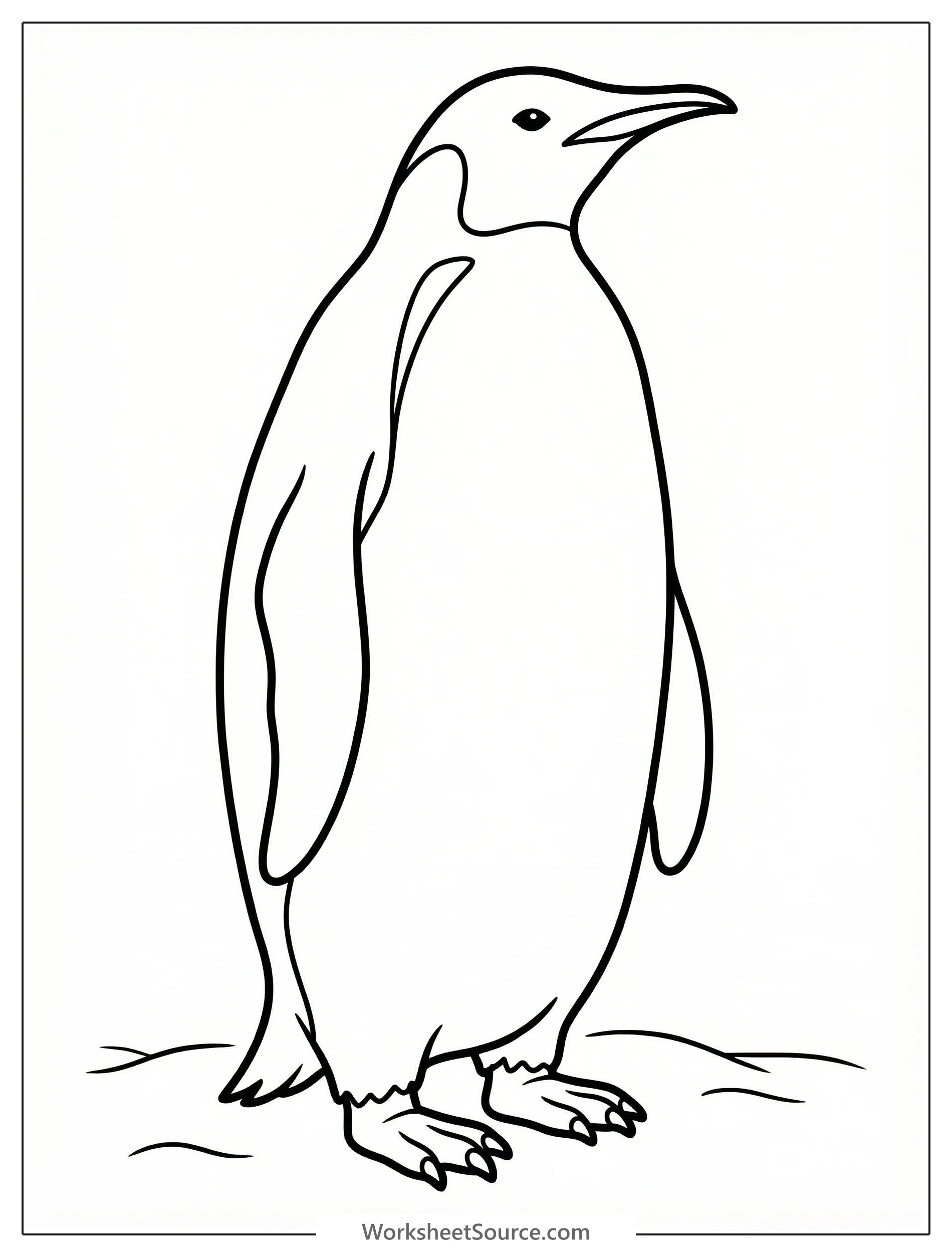 Black and white outline of an anatomically correct penguin standing alert with its neck extended and wings slightly out.