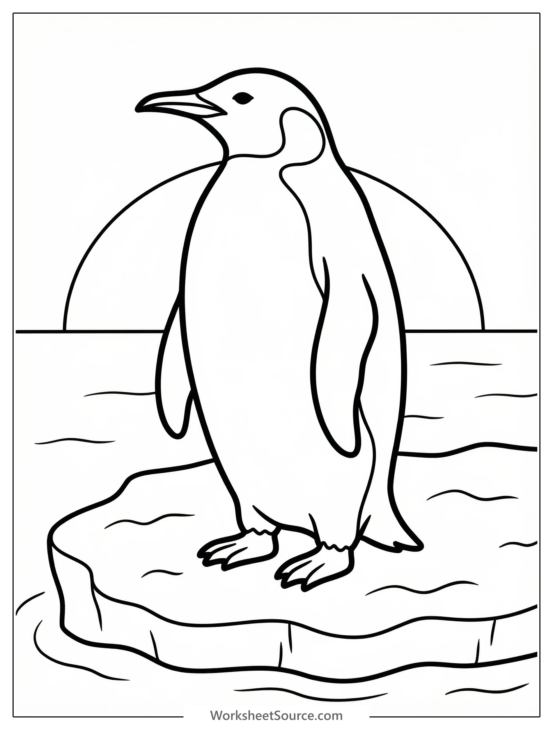 Anatomically correct penguin silhouette standing on ice, beautifully illuminated by the vibrant hues of a setting sun against a calm sky.