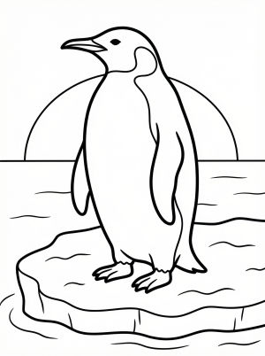 Anatomically correct penguin silhouette standing on ice, beautifully illuminated by the vibrant hues of a setting sun against a calm sky.