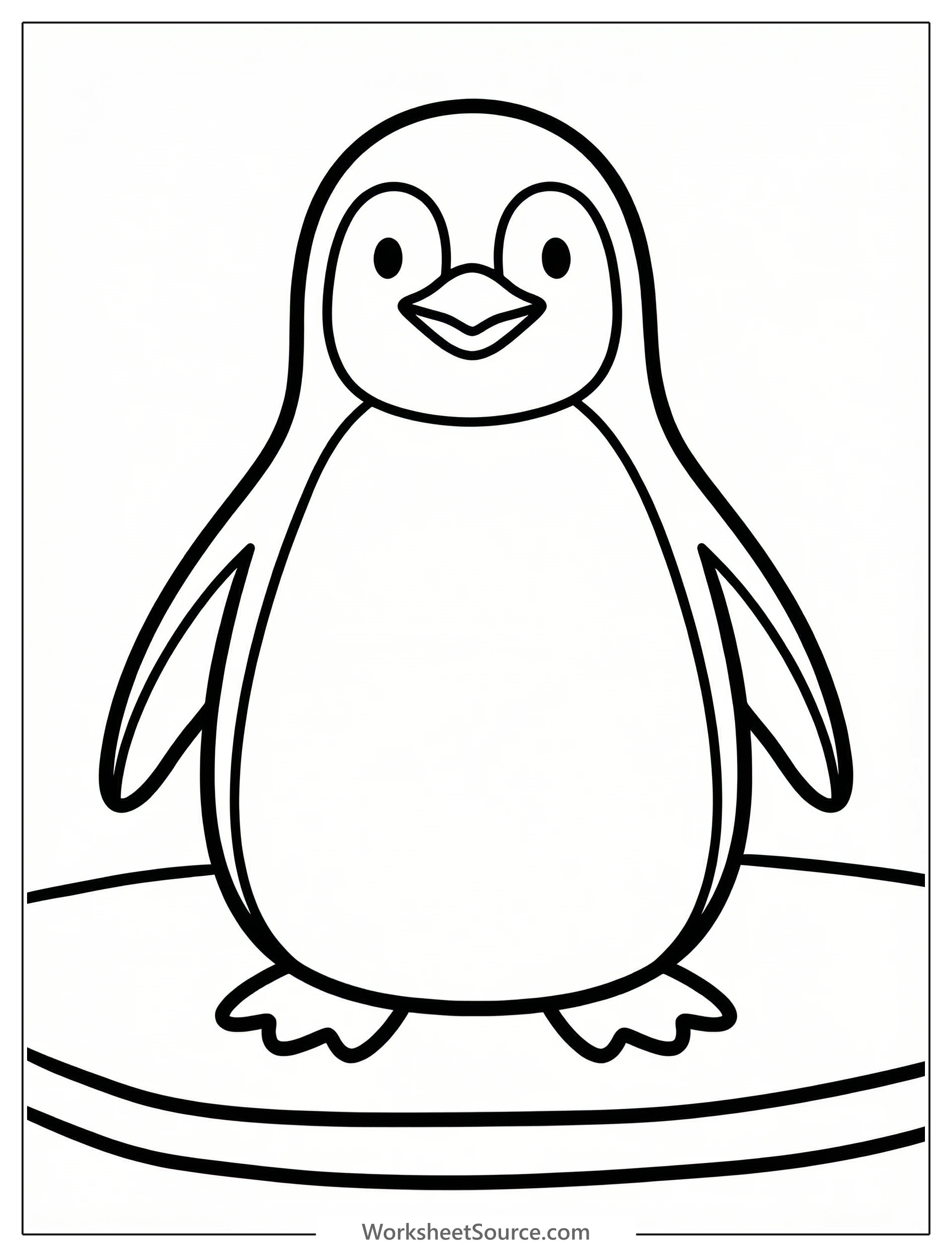 Outline of an anatomically correct penguin standing, facing forward, showcasing its distinctive white belly and black back for coloring.
