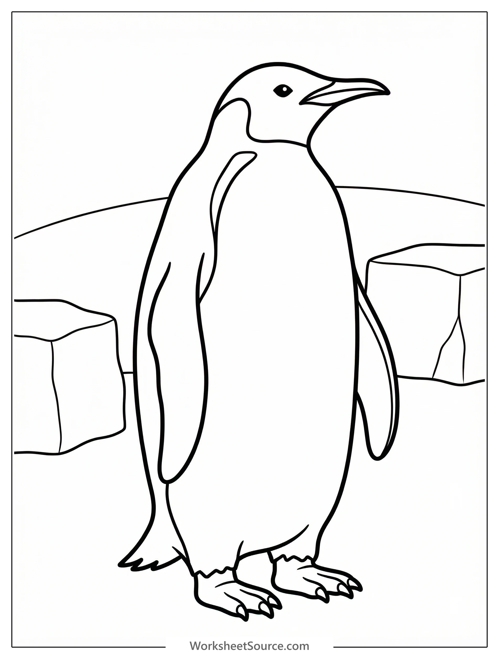 A black and white line art illustration of an anatomically correct penguin standing upright with flippers at its sides, ready for coloring.