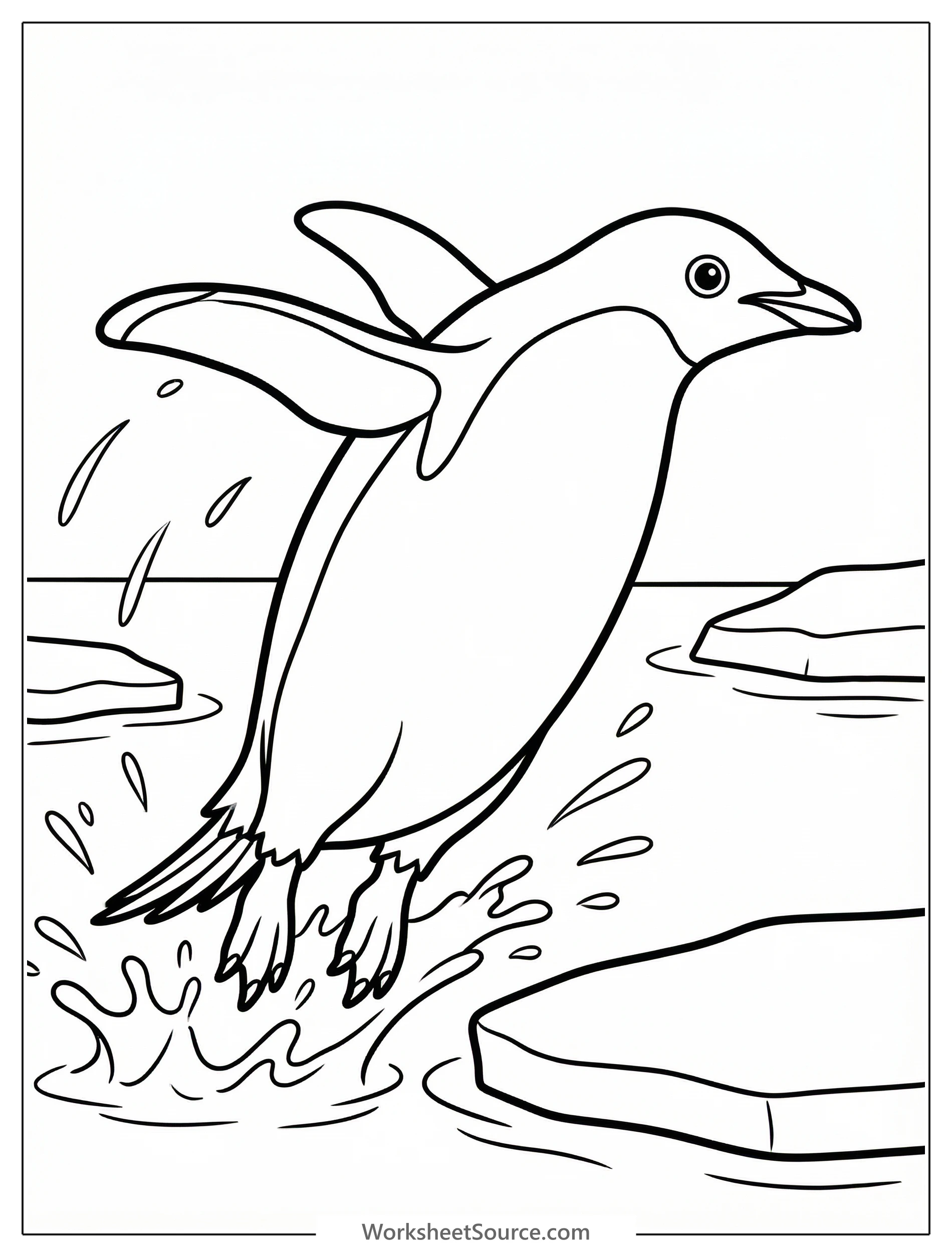 Anatomically correct cartoon penguin running or sliding in a dynamic mid-movement pose, ready for coloring. It shows detailed feathers and feet.
