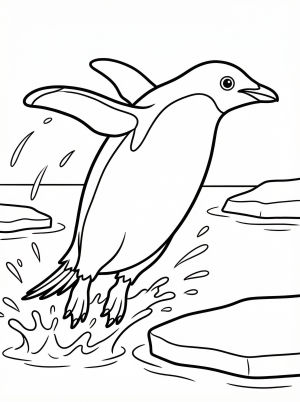 Anatomically correct cartoon penguin running or sliding in a dynamic mid-movement pose, ready for coloring. It shows detailed feathers and feet.