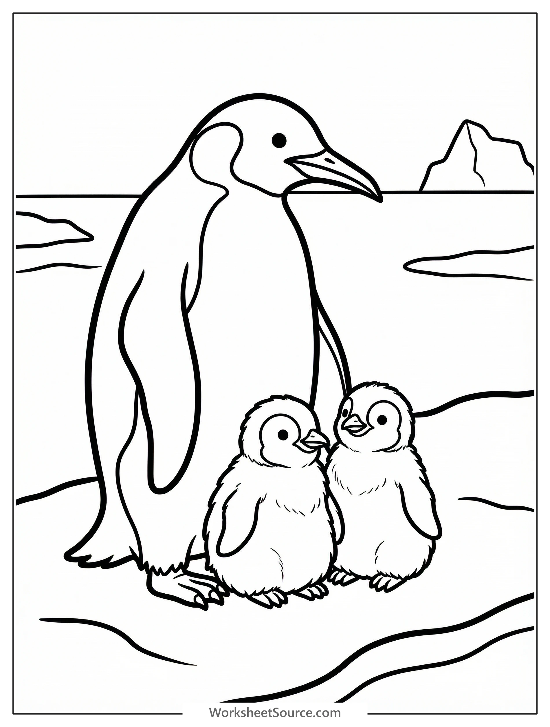 Illustration of an anatomically correct penguin family, featuring a proud parent penguin and two fluffy chicks standing together in an arctic setting.