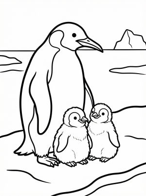 Illustration of an anatomically correct penguin family, featuring a proud parent penguin and two fluffy chicks standing together in an arctic setting.