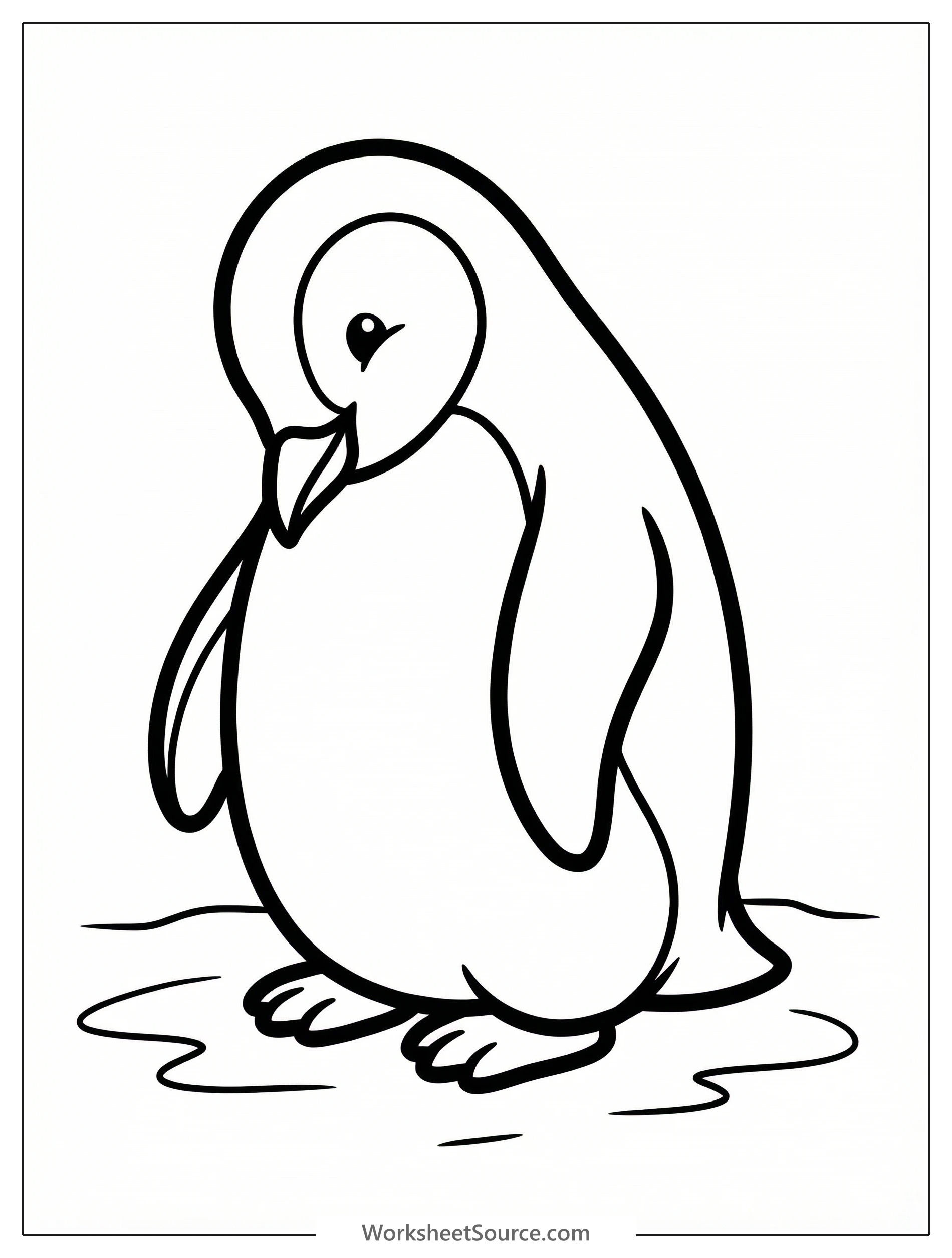Black and white outline drawing of an anatomically correct penguin in a gentle, calm pose, possibly nuzzling, standing on a flat surface.