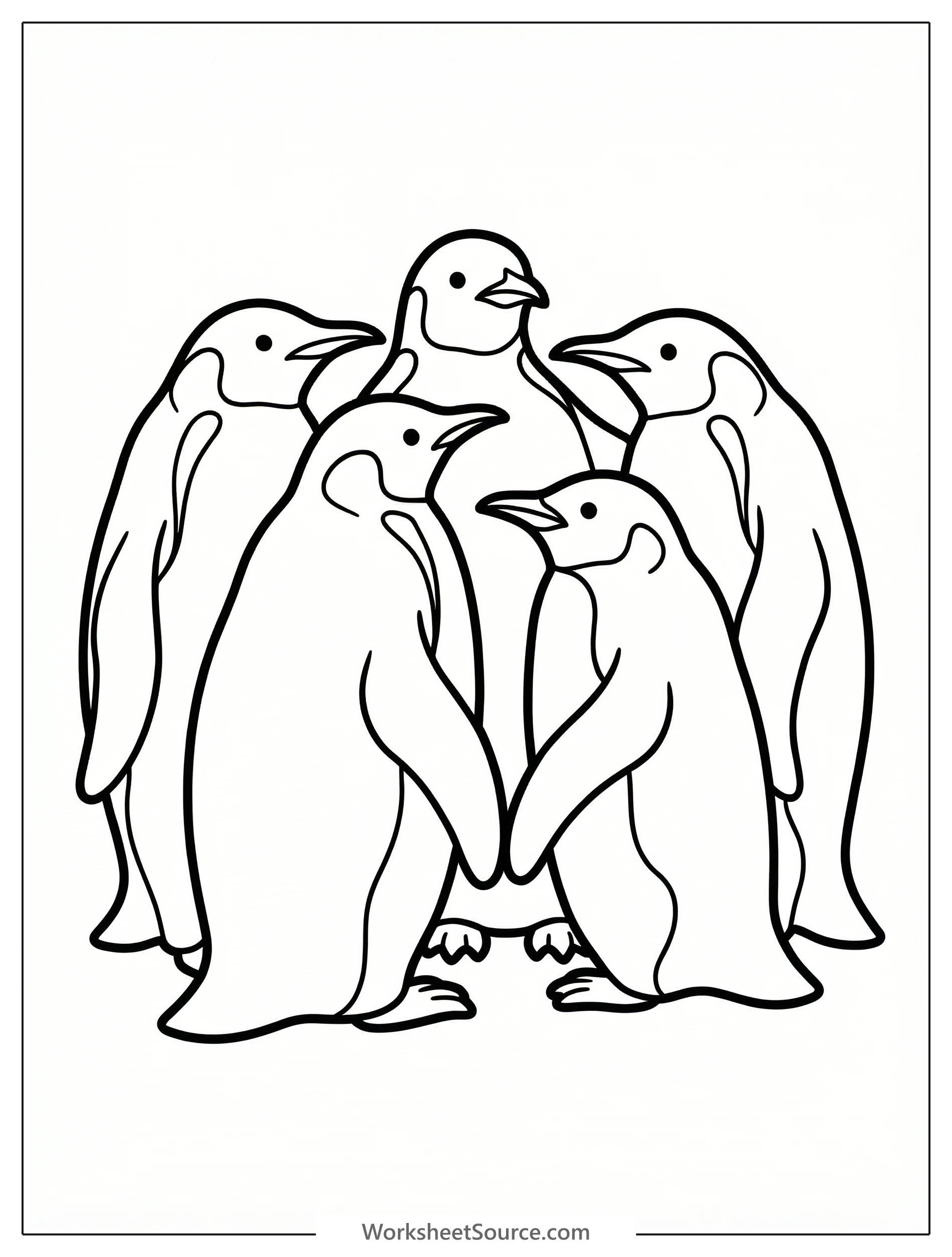 Outline drawing of anatomically correct emperor penguins huddling tightly together for warmth against a snowy, icy background.
