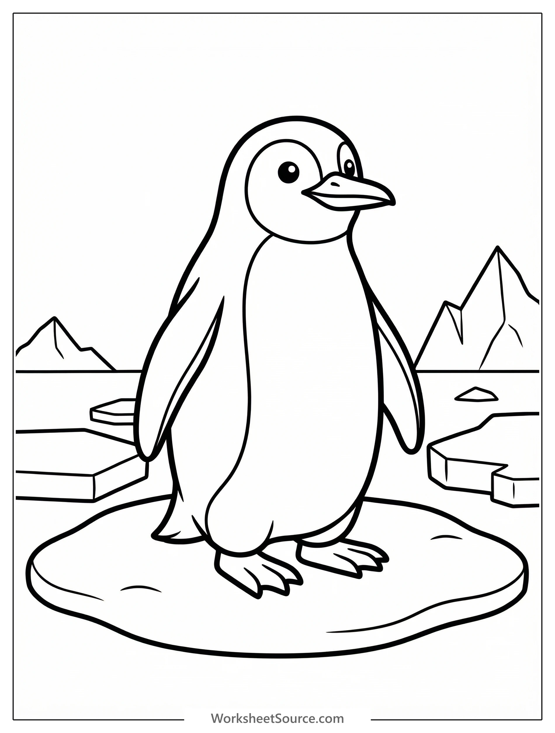 An anatomically correct penguin stands on an icy surface with snow and glaciers in an Antarctic landscape, ready for coloring.