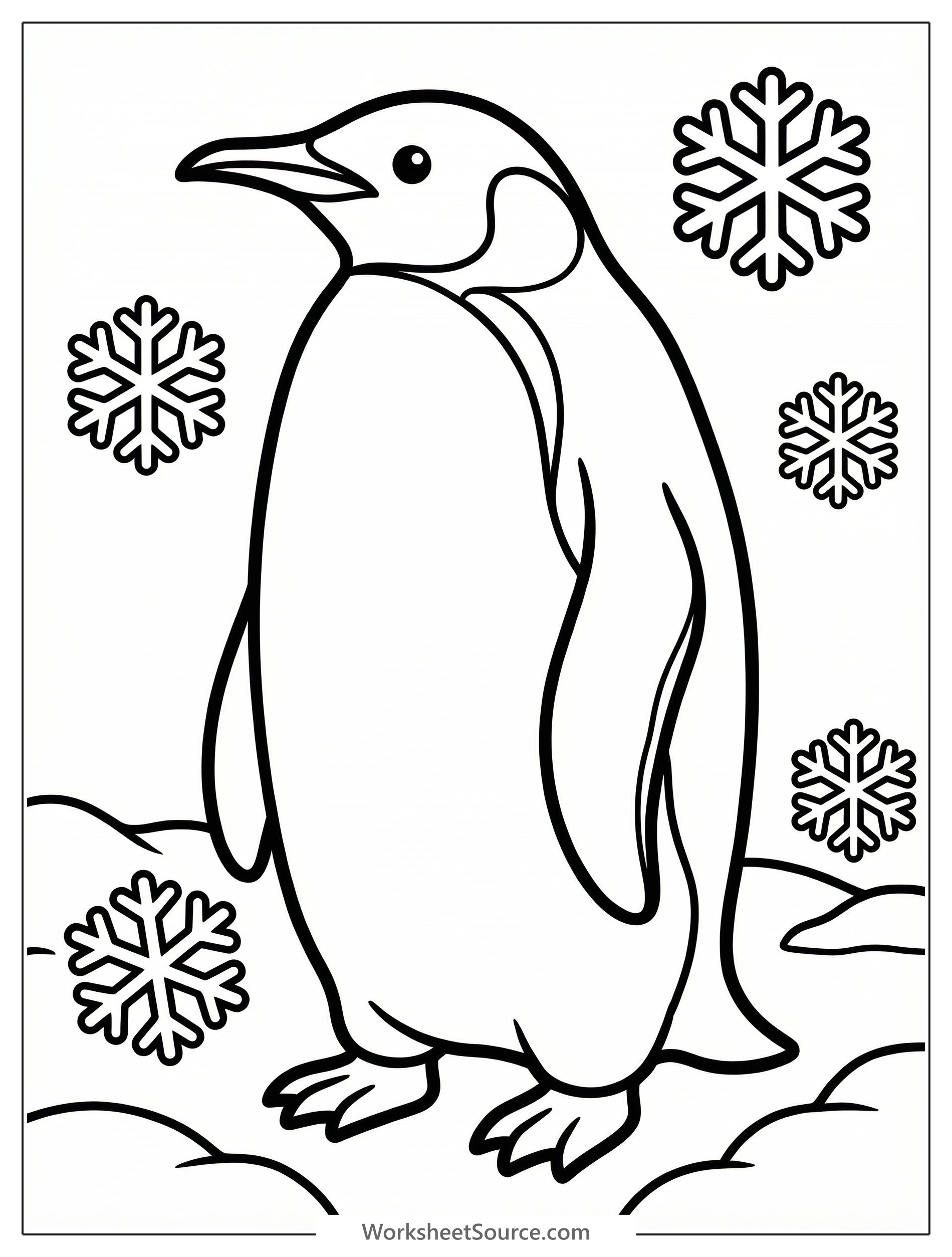 Outline drawing of an anatomically correct penguin standing in a snowy landscape with detailed feet visible, surrounded by falling snowflakes and snowdrifts.
