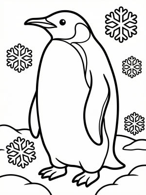 Outline drawing of an anatomically correct penguin standing in a snowy landscape with detailed feet visible, surrounded by falling snowflakes and snowdrifts.