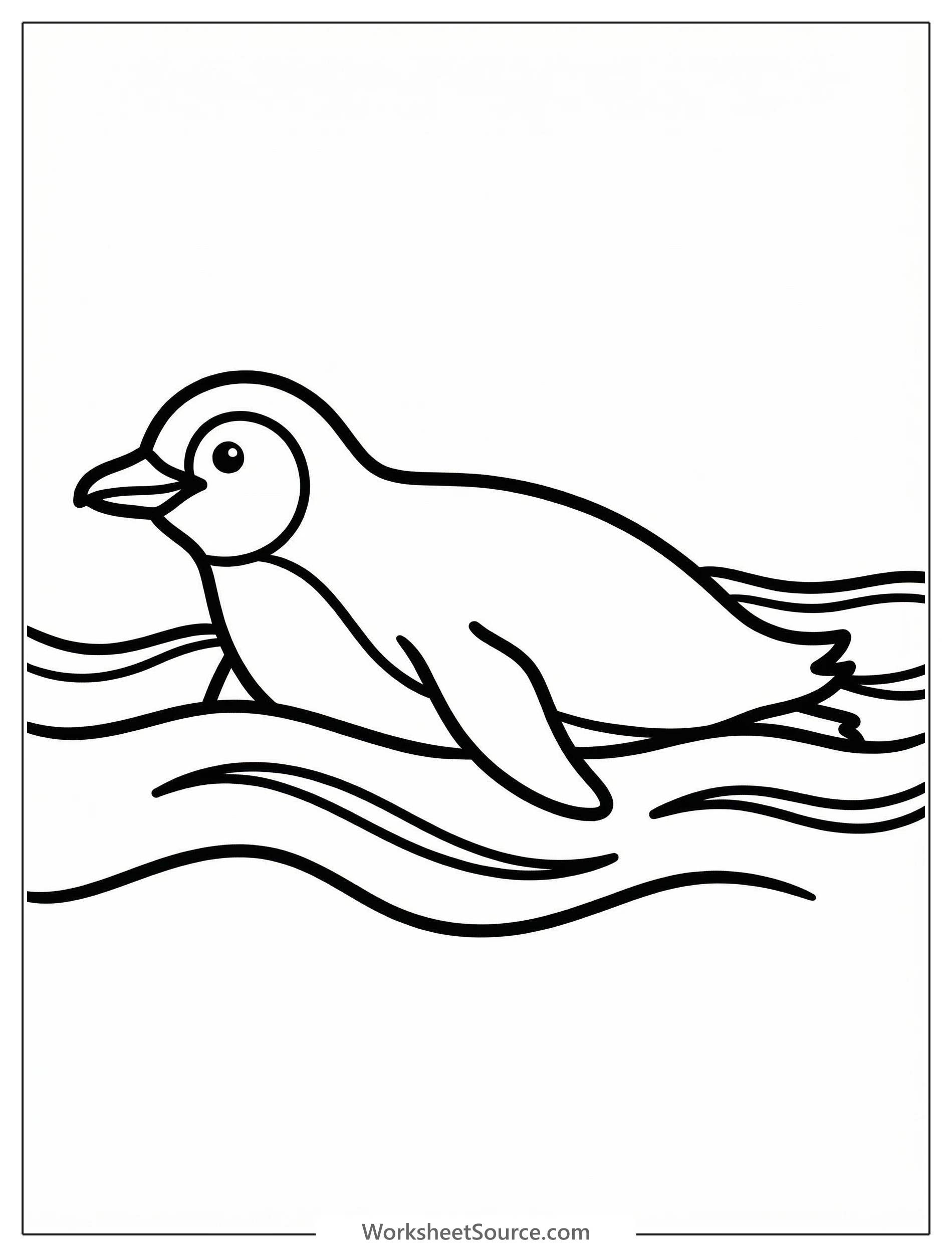 Black and white outline drawing of an anatomically correct penguin swimming in water with its head and neck visible above the surface.