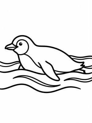 Black and white outline drawing of an anatomically correct penguin swimming in water with its head and neck visible above the surface.