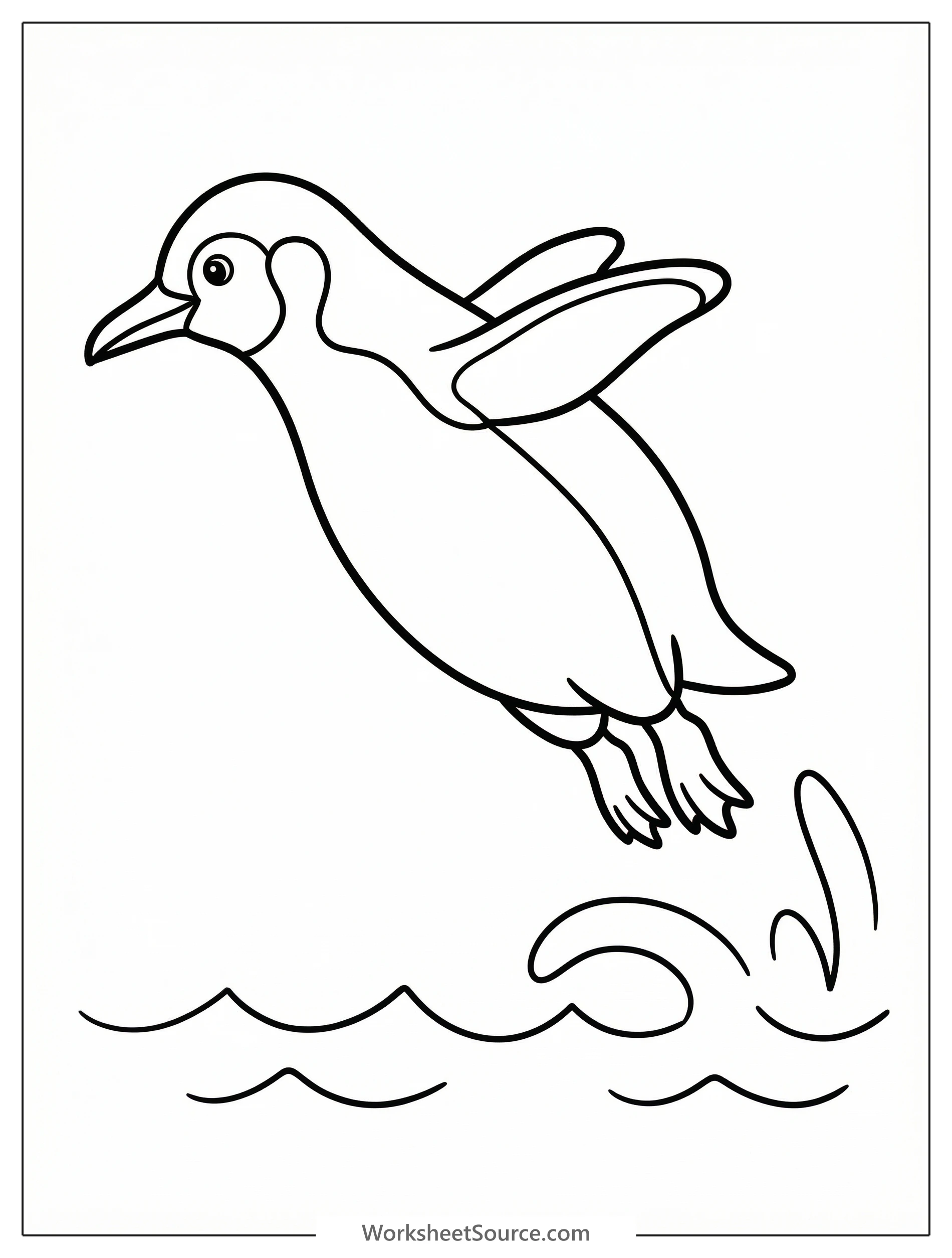 Anatomically correct penguin mid-leap, launching out of water with wings outstretched. Dynamic illustration of wildlife in motion, ready for coloring.