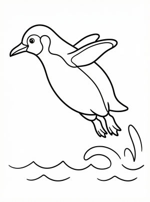 Anatomically correct penguin mid-leap, launching out of water with wings outstretched. Dynamic illustration of wildlife in motion, ready for coloring.