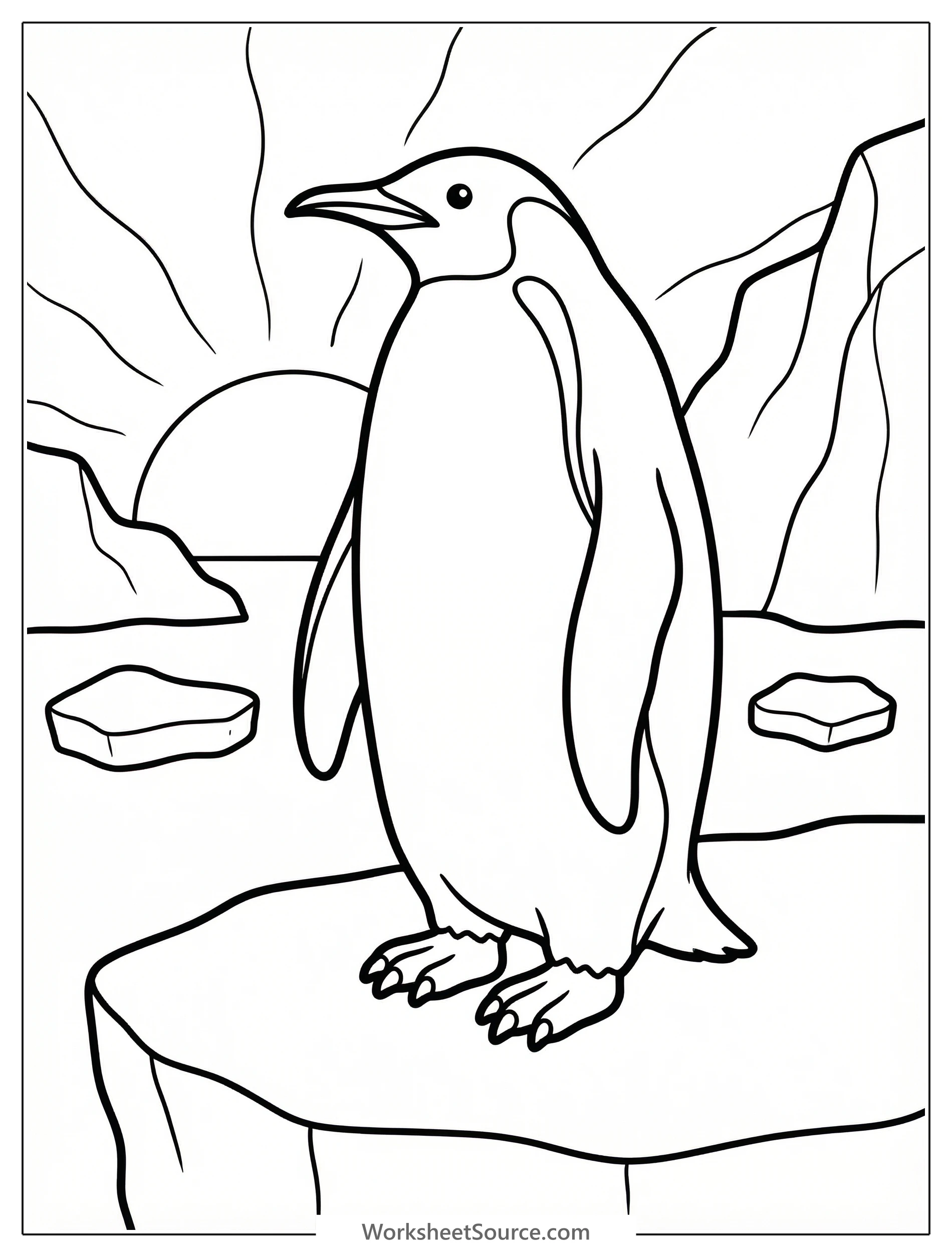 An anatomically correct emperor penguin stands gracefully on an ice floe, illuminated by the soft, warm glow of morning light.