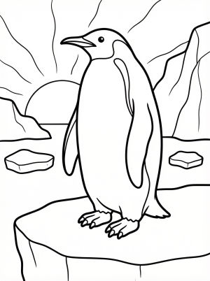 An anatomically correct emperor penguin stands gracefully on an ice floe, illuminated by the soft, warm glow of morning light.