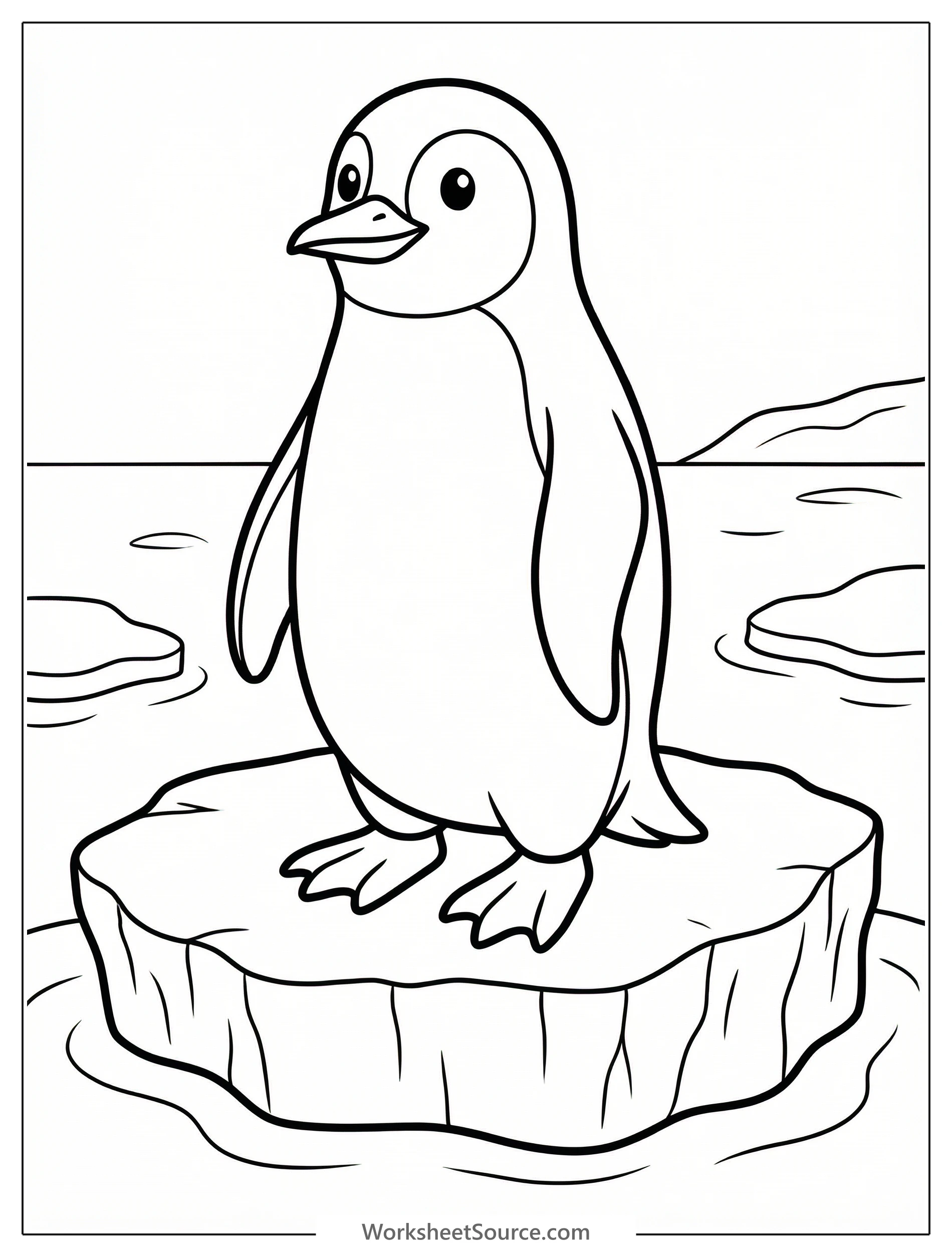 Anatomically correct penguin coloring page, standing on textured ice, showcasing webbed feet. Line art perfect for creative expression.