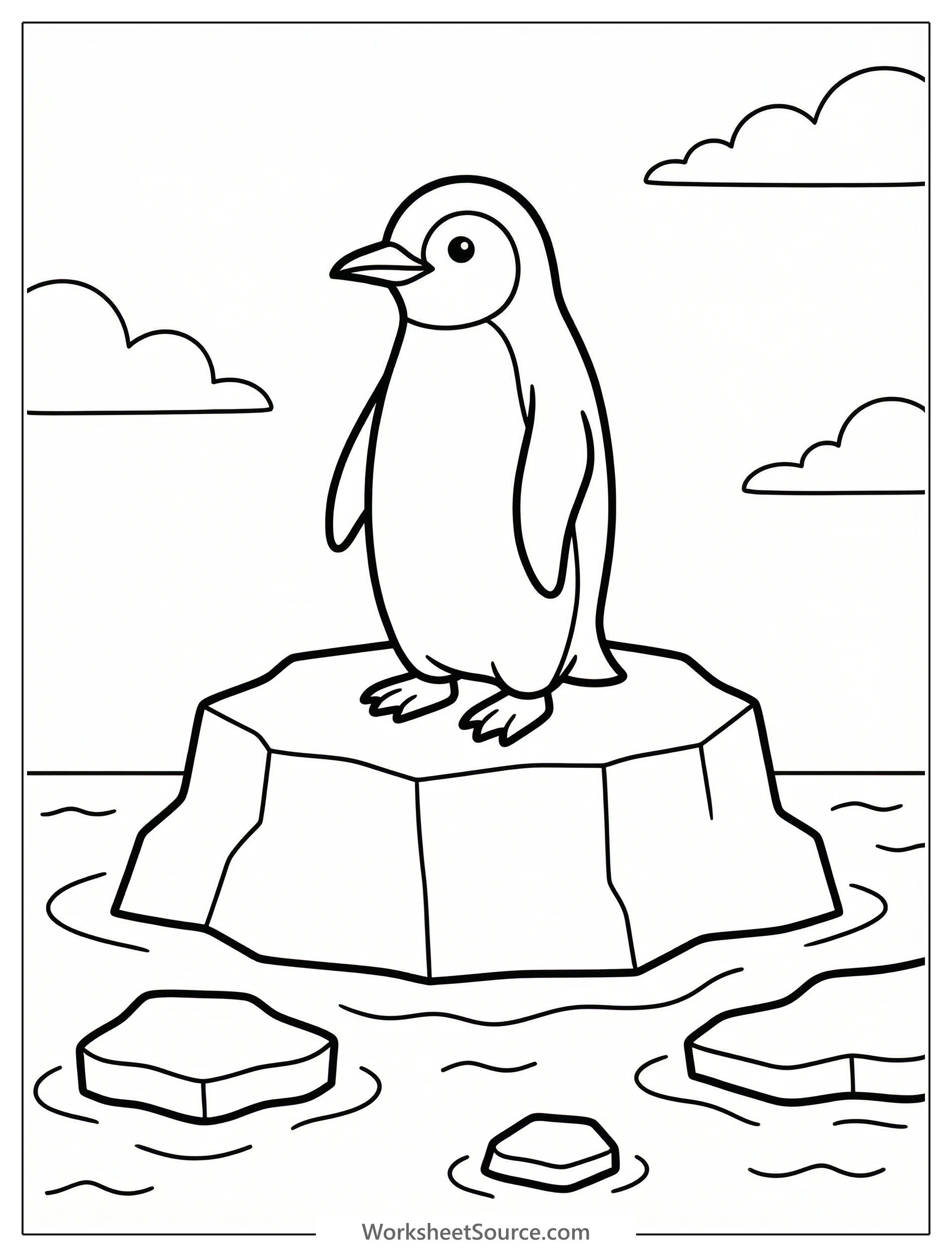 Outline drawing of an anatomically correct penguin standing on a jagged iceberg with large ice chunks floating in calm water around it. The sky is clear.