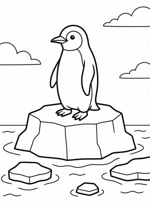Outline drawing of an anatomically correct penguin standing on a jagged iceberg with large ice chunks floating in calm water around it. The sky is clear.