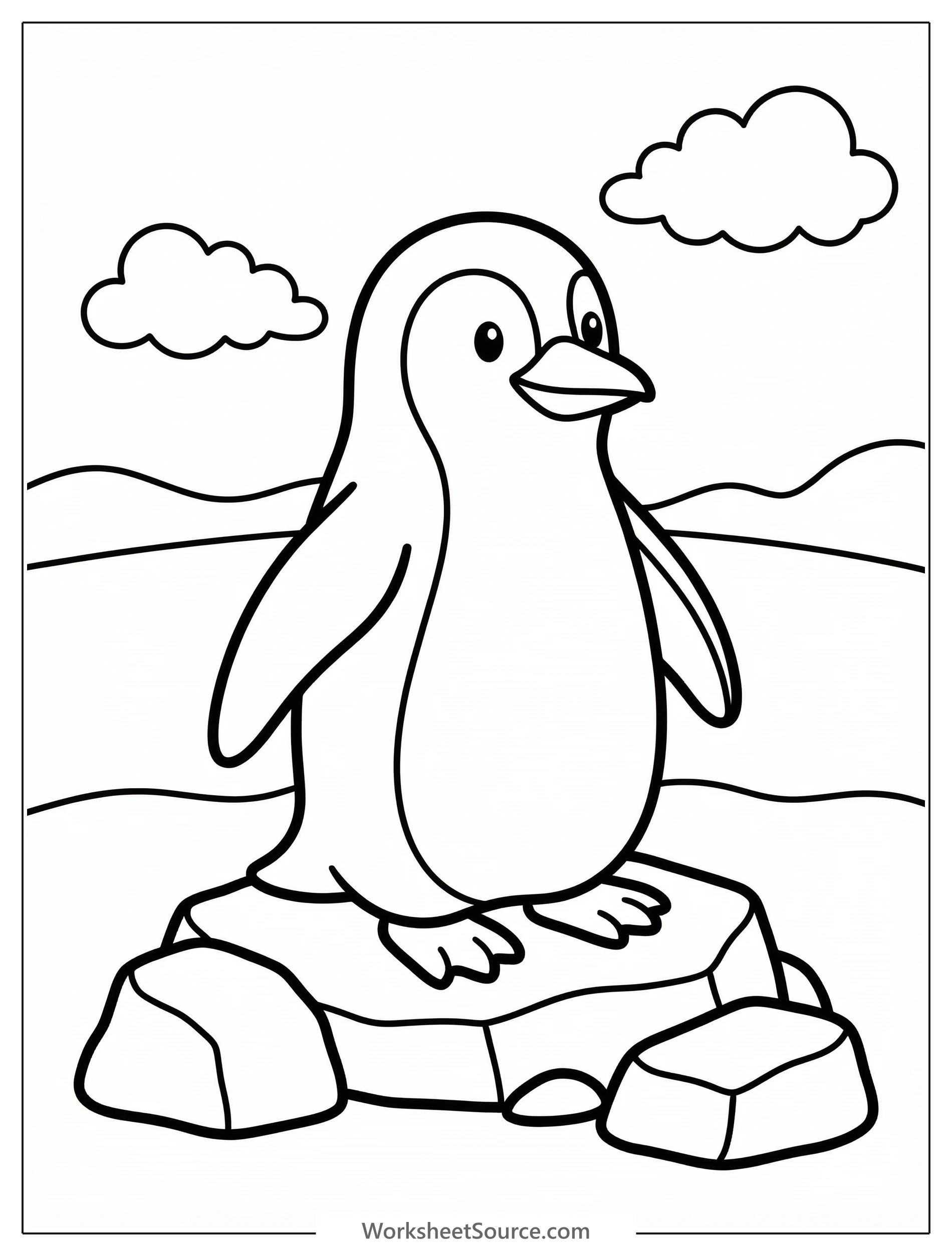 An anatomically correct penguin stands alert on a rugged rocky shore or outcrop, ready for coloring. It features accurate feather details and realistic posture.