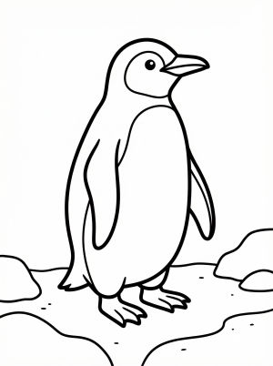 Anatomically correct penguin standing on a rocky shore next to the ocean, illustrated in black and white for children to color.