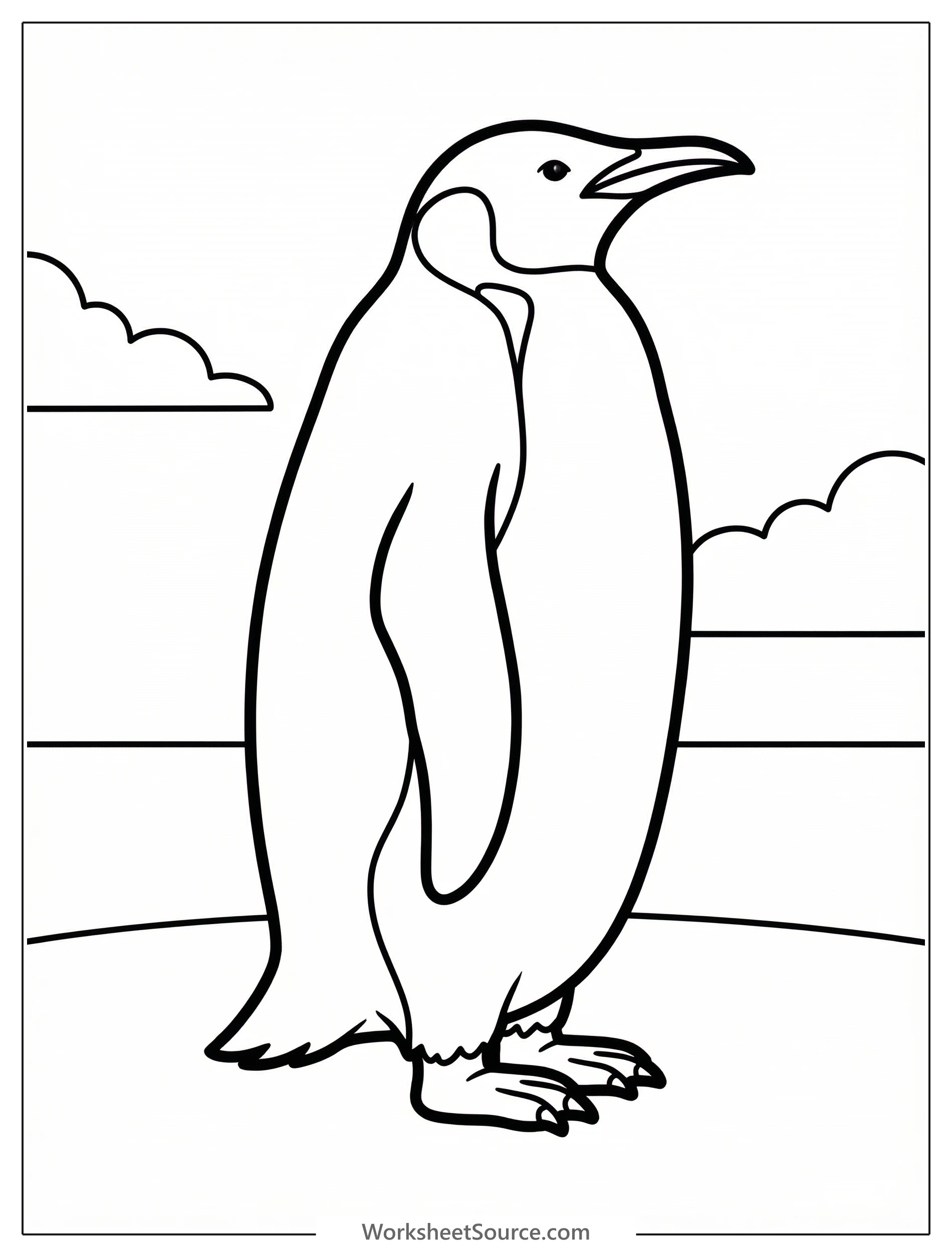Anatomically correct full body side view of an emperor penguin standing upright, with detailed feathers, flippers, and beak outlines for coloring.