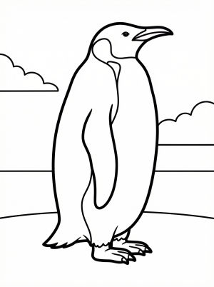Anatomically correct full body side view of an emperor penguin standing upright, with detailed feathers, flippers, and beak outlines for coloring.