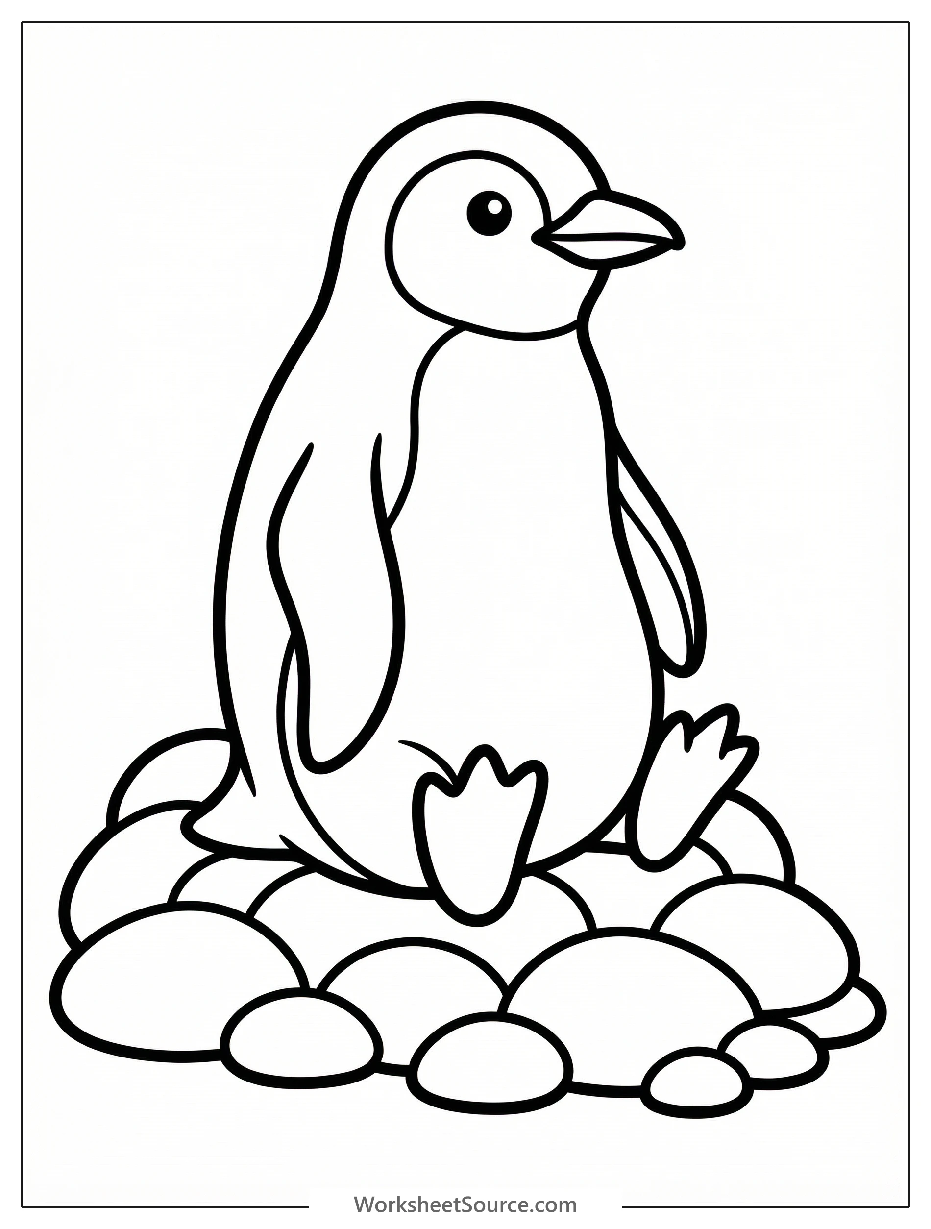 A black and white line drawing of an anatomically correct penguin sitting protectively on a nest made of small pebbles, in a natural habitat.