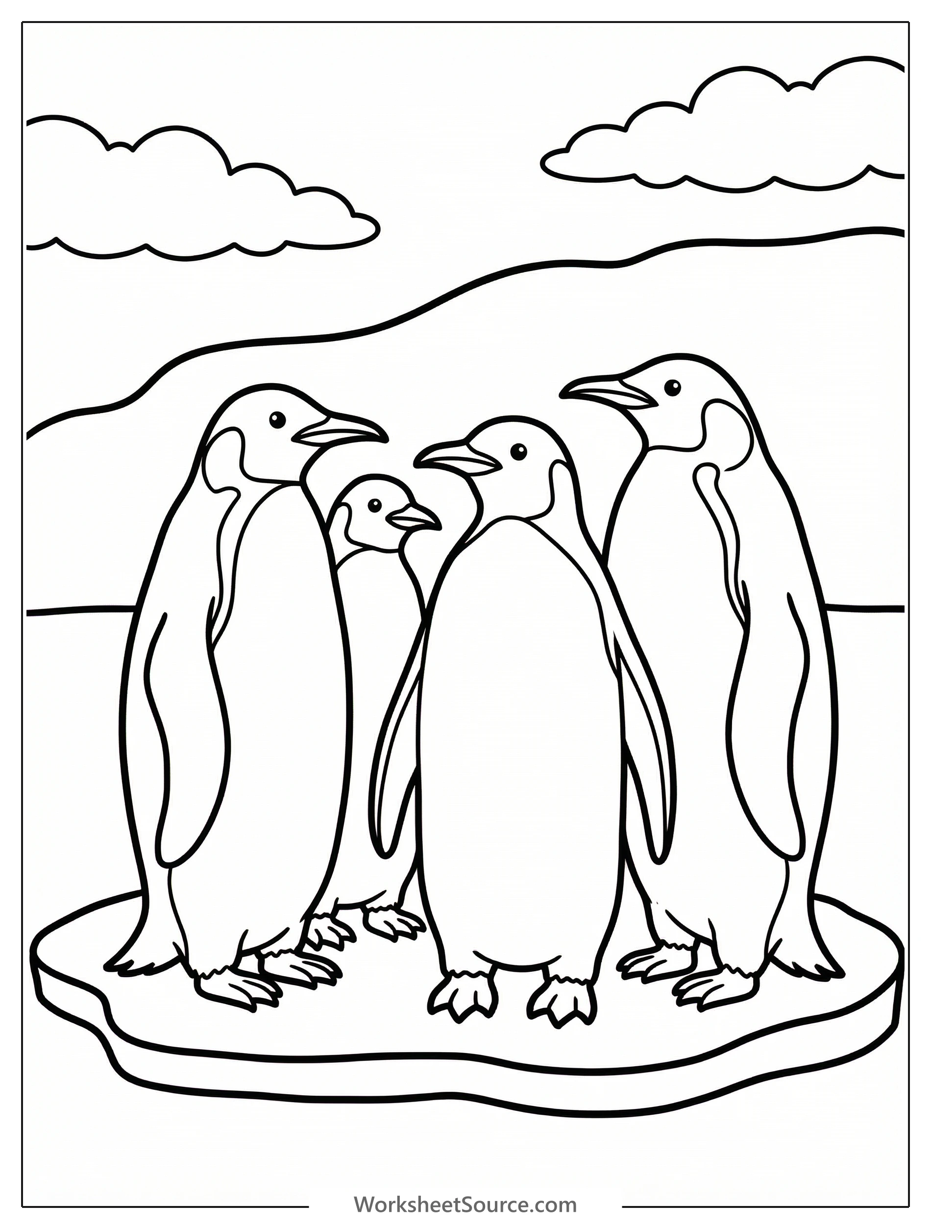 Black and white outline drawing of four anatomically correct penguins on an ice floe. An adult emperor penguin stands with two smaller penguins, and a fourth stands behind.