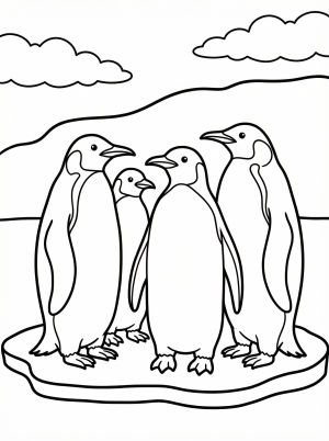 Black and white outline drawing of four anatomically correct penguins on an ice floe. An adult emperor penguin stands with two smaller penguins, and a fourth stands behind.