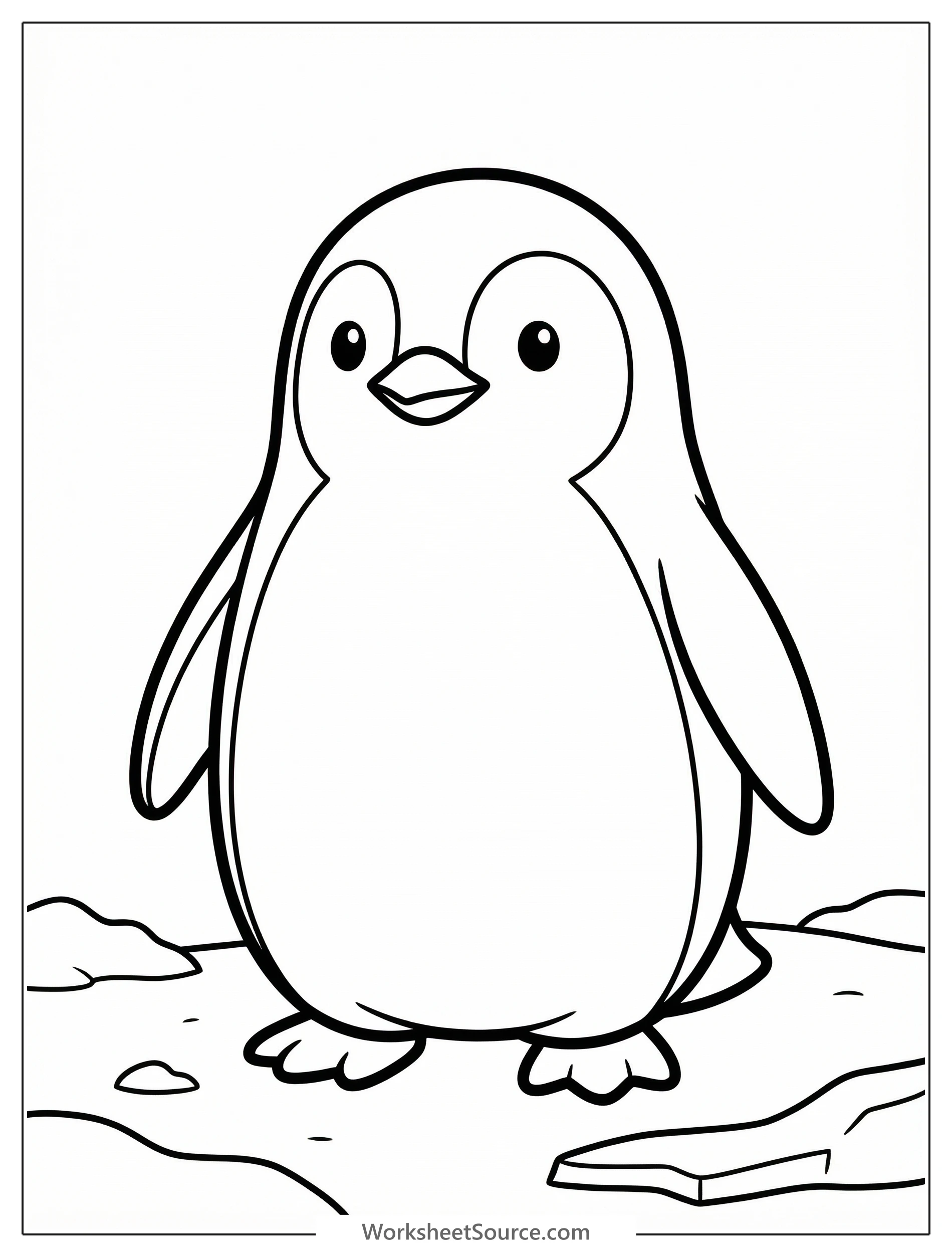 An anatomically correct emperor penguin stands upright, facing forward, with its flippers tucked at its sides, outlined for coloring.
