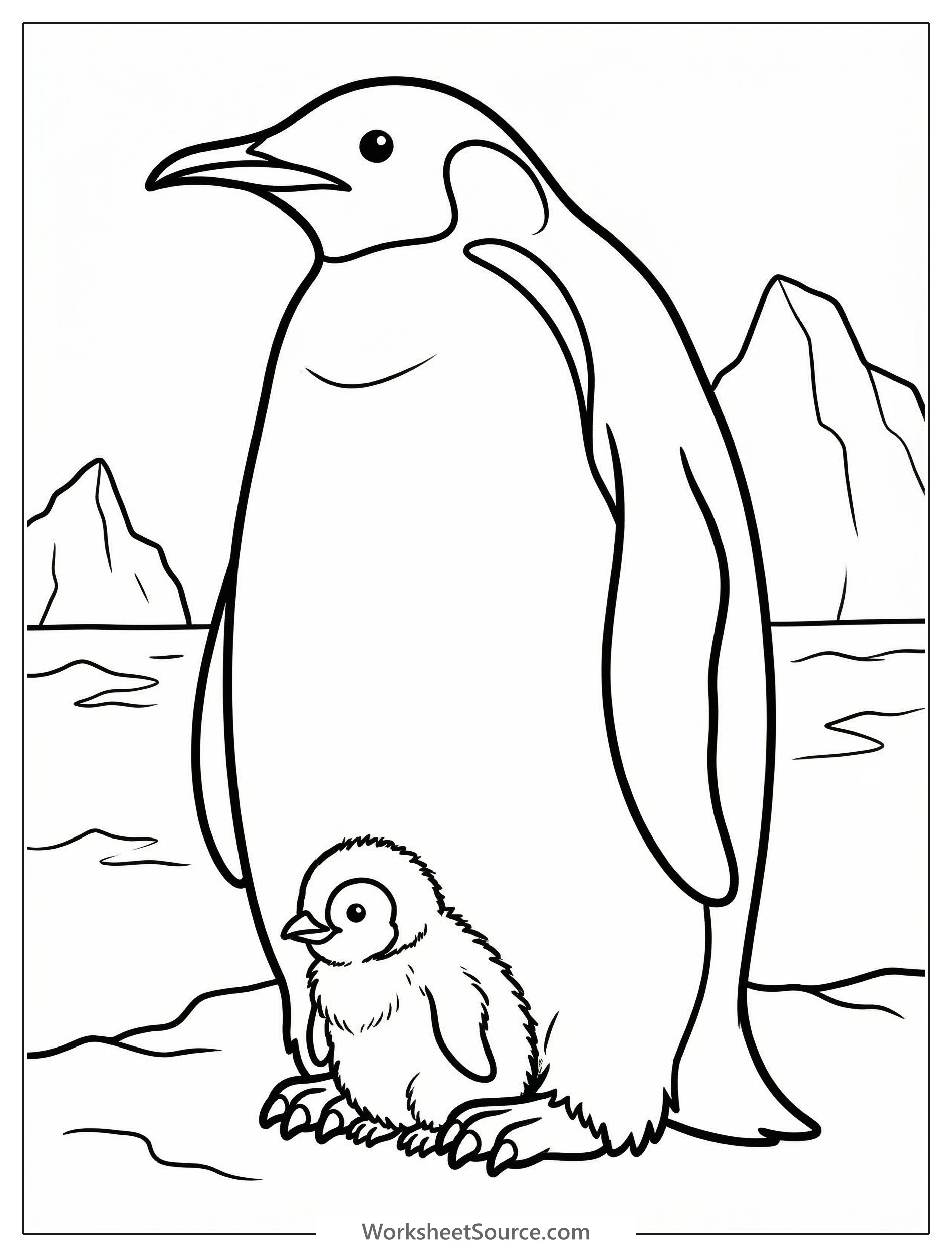Black and white outline drawing of an anatomically correct adult penguin standing with a small, fluffy chick tucked protectively under its belly.