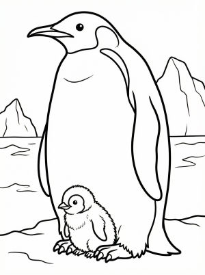 Black and white outline drawing of an anatomically correct adult penguin standing with a small, fluffy chick tucked protectively under its belly.