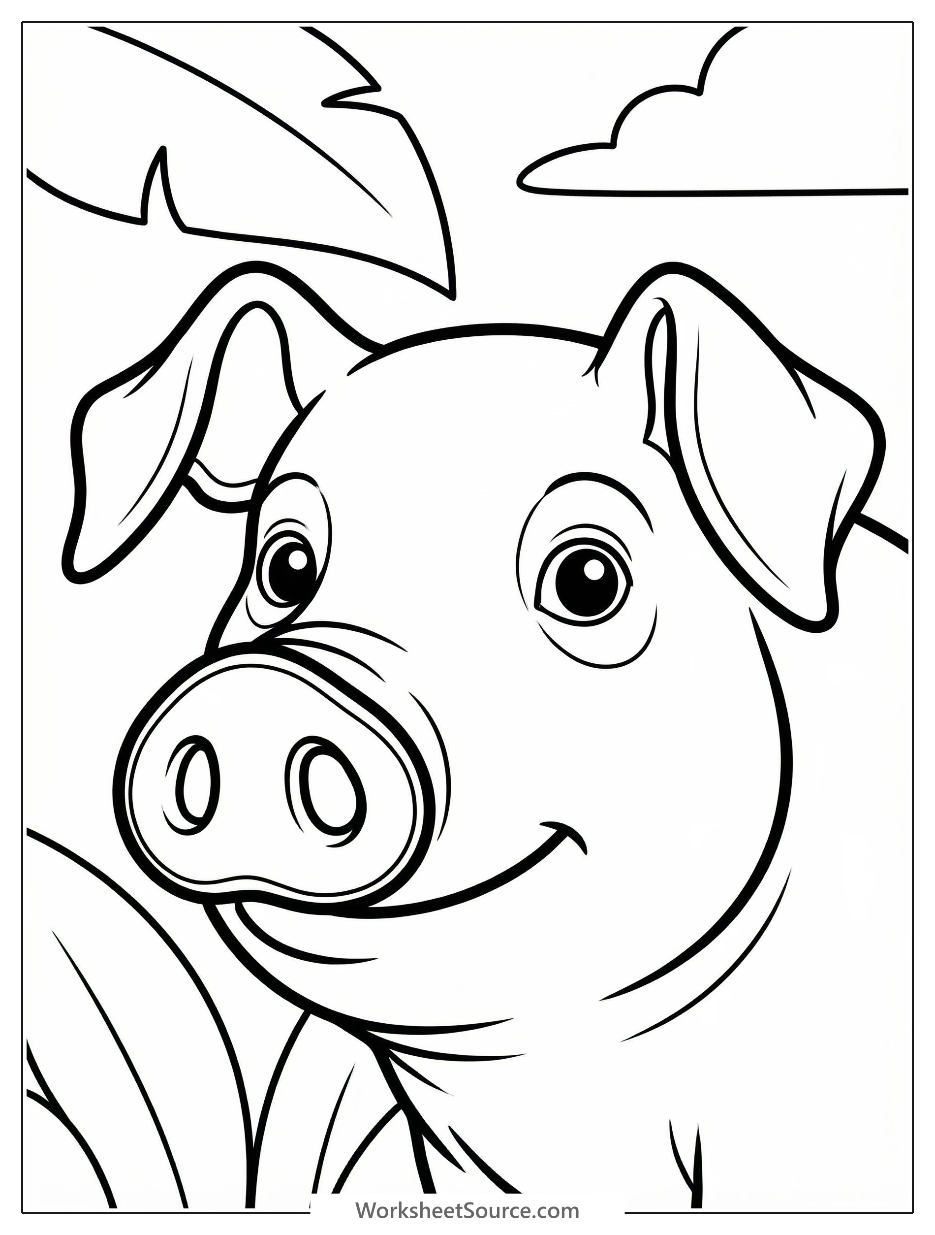 Black and white outline drawing of an anatomically correct pig's face, featuring a detailed snout with nostrils and expressive eyes for coloring.
