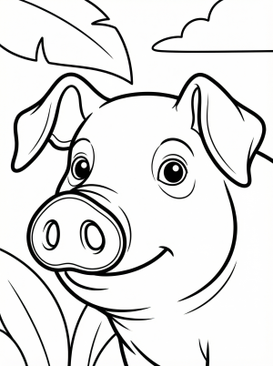 Black and white outline drawing of an anatomically correct pig's face, featuring a detailed snout with nostrils and expressive eyes for coloring.