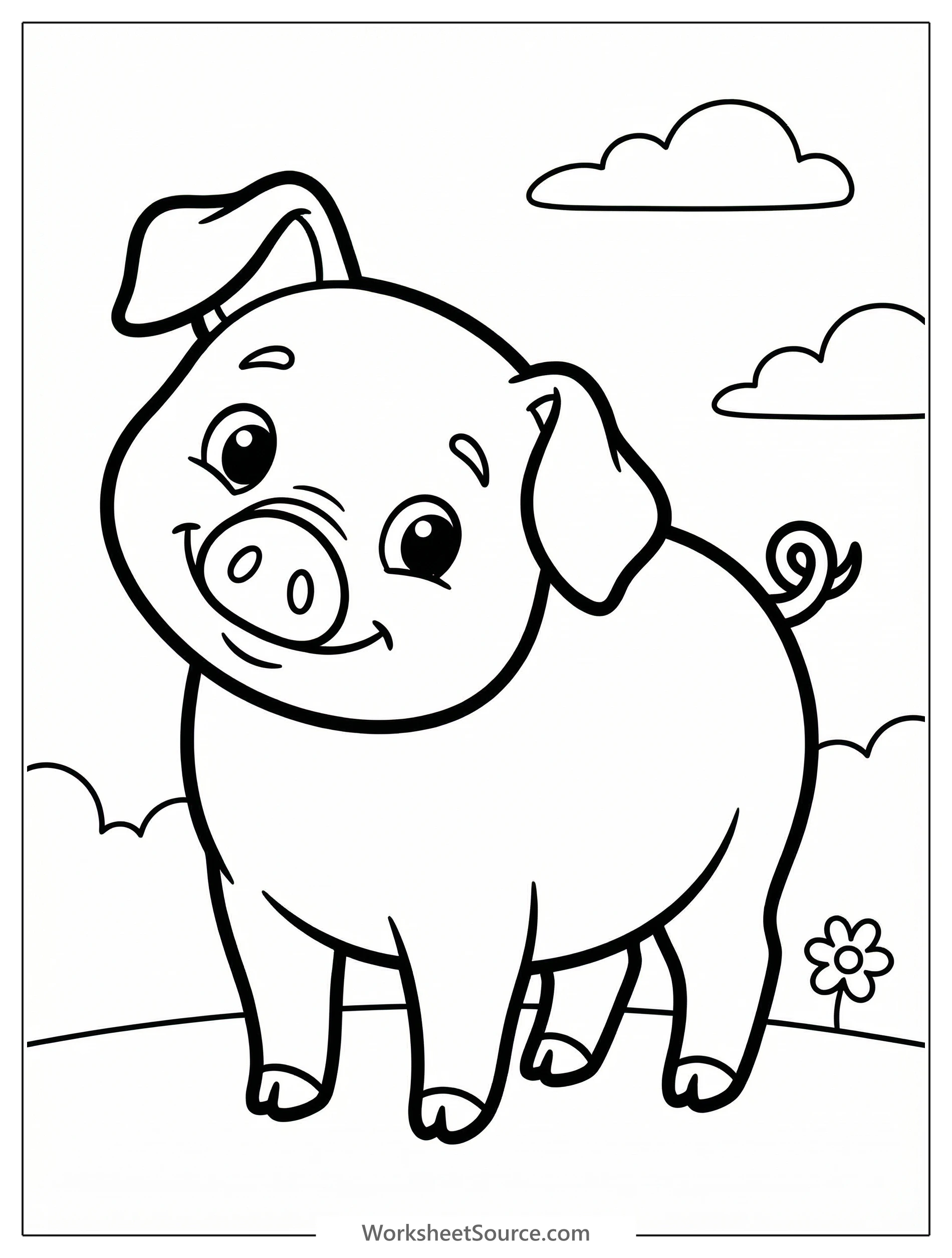 Line art drawing of an anatomically correct pig with its head tilted, expressing curiosity. The pig has a slightly upturned snout, floppy ears, and gentle eyes, ready for coloring by children.