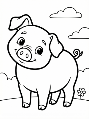 Line art drawing of an anatomically correct pig with its head tilted, expressing curiosity. The pig has a slightly upturned snout, floppy ears, and gentle eyes, ready for coloring by children.