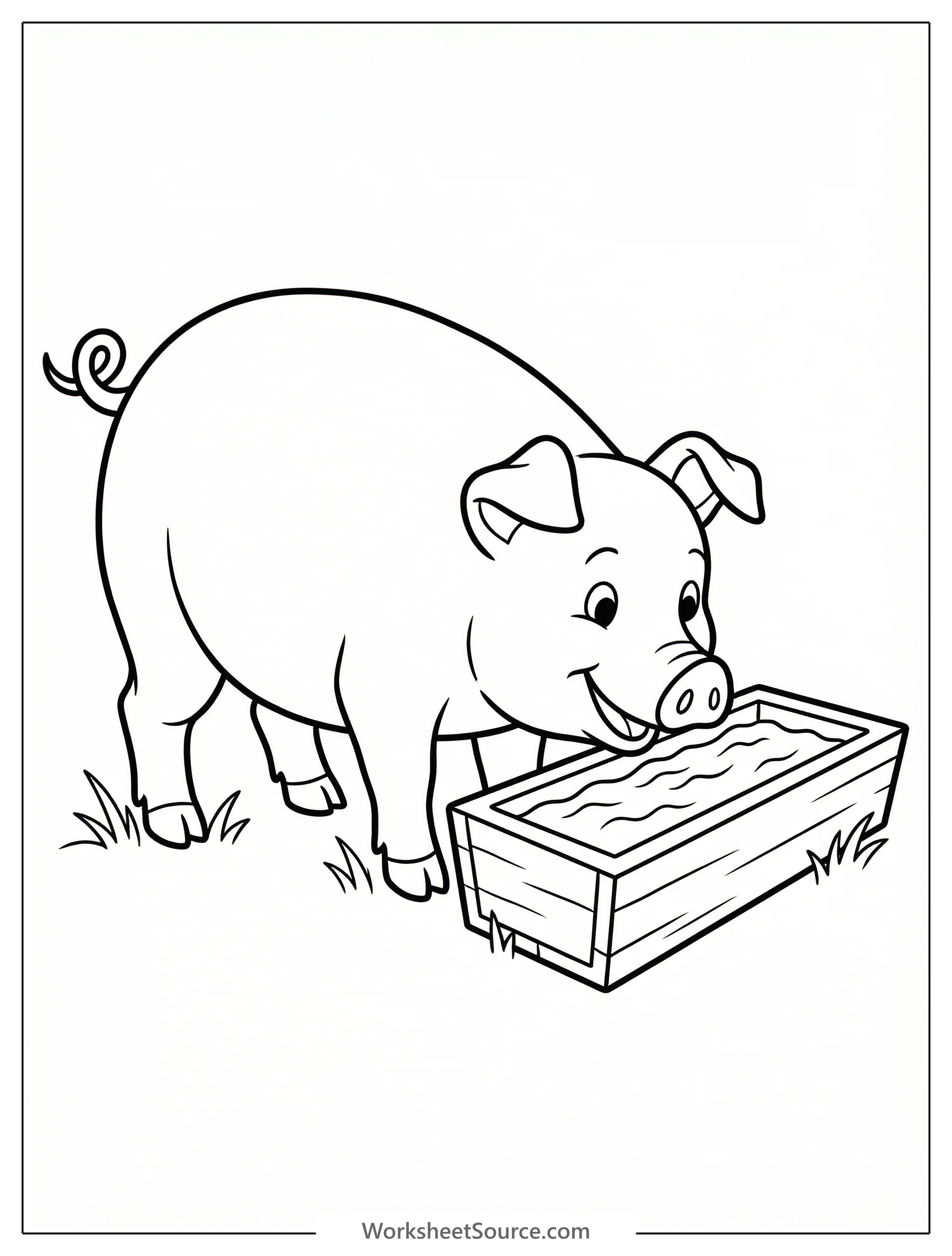 Anatomically correct pig with textured skin and short tail, head lowered, drinking water from a rustic trough, set against a simple background.