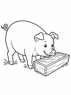 Anatomically correct pig with textured skin and short tail, head lowered, drinking water from a rustic trough, set against a simple background.