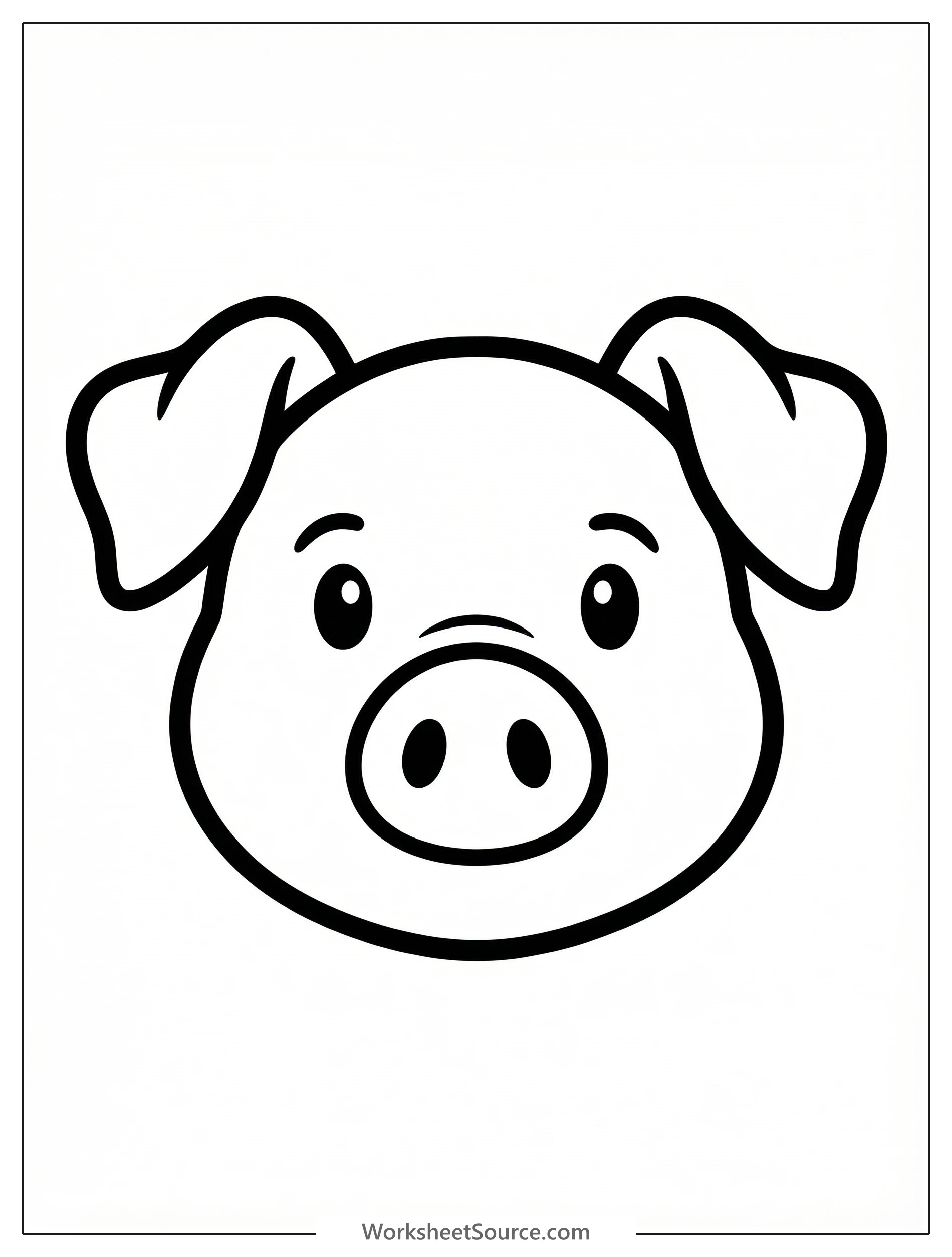 Line art of an anatomically correct pig face, front view, featuring symmetrical ears and a distinct snout, ready for coloring.
