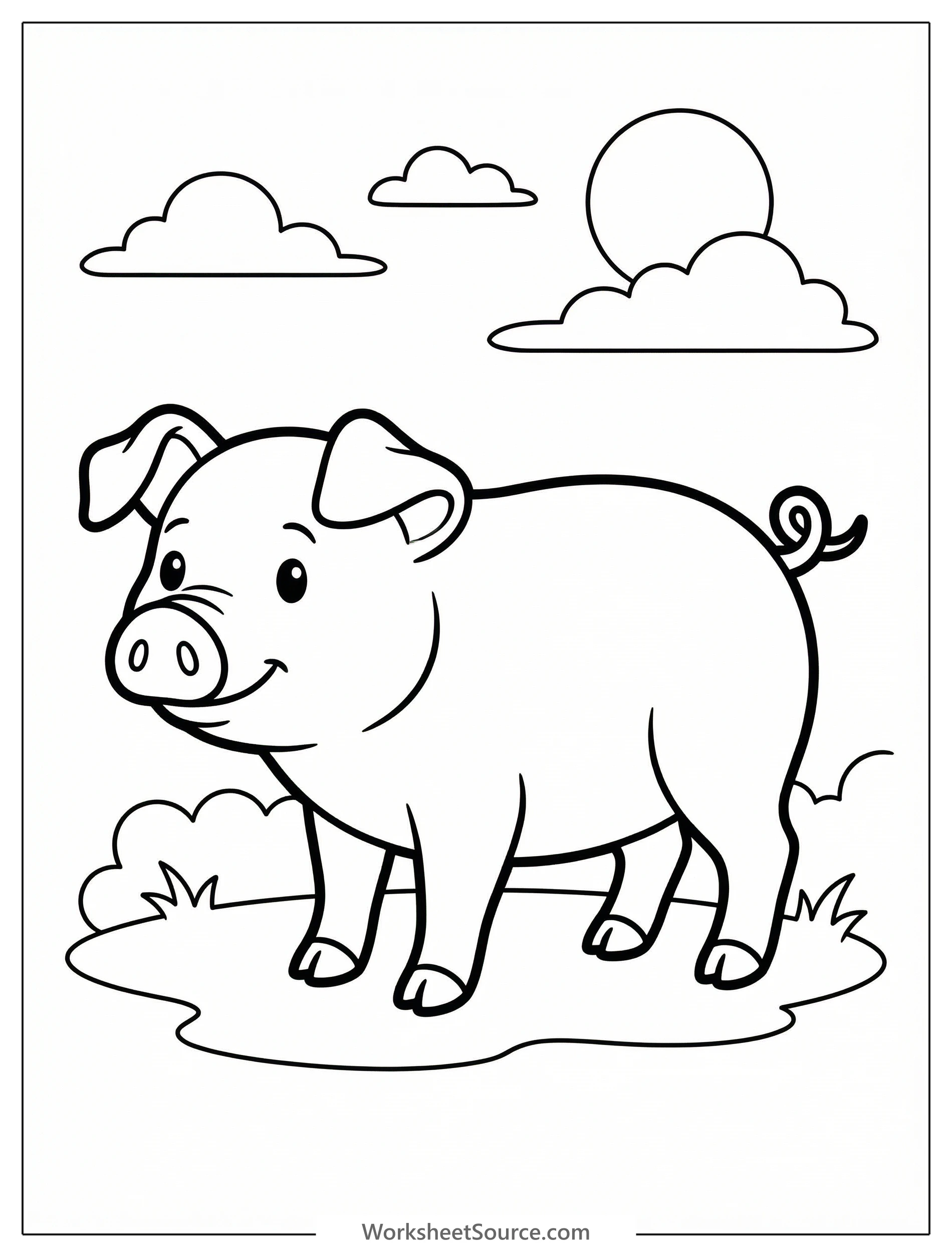 Outline drawing of an anatomically correct pig standing, showing its full body, head, ears, four legs, and curly tail, ready for coloring.