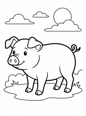 Outline drawing of an anatomically correct pig standing, showing its full body, head, ears, four legs, and curly tail, ready for coloring.