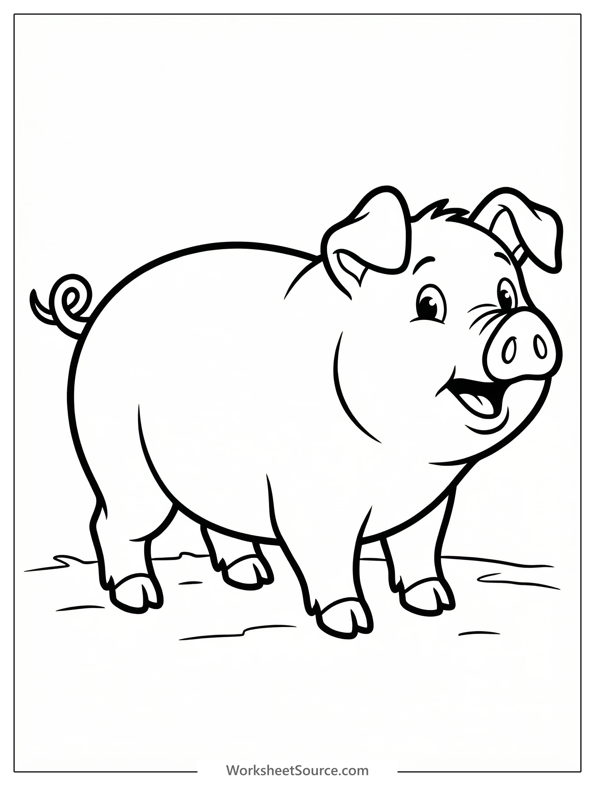 Anatomically correct illustration of a pink pig with floppy ears, a curly tail, and a snout, depicted with its mouth slightly open in a grunting pose.