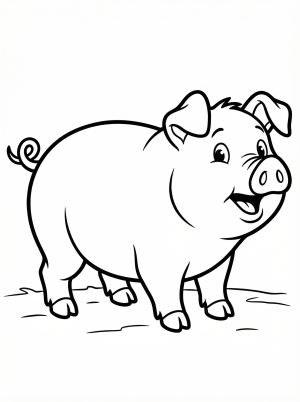 Anatomically correct illustration of a pink pig with floppy ears, a curly tail, and a snout, depicted with its mouth slightly open in a grunting pose.