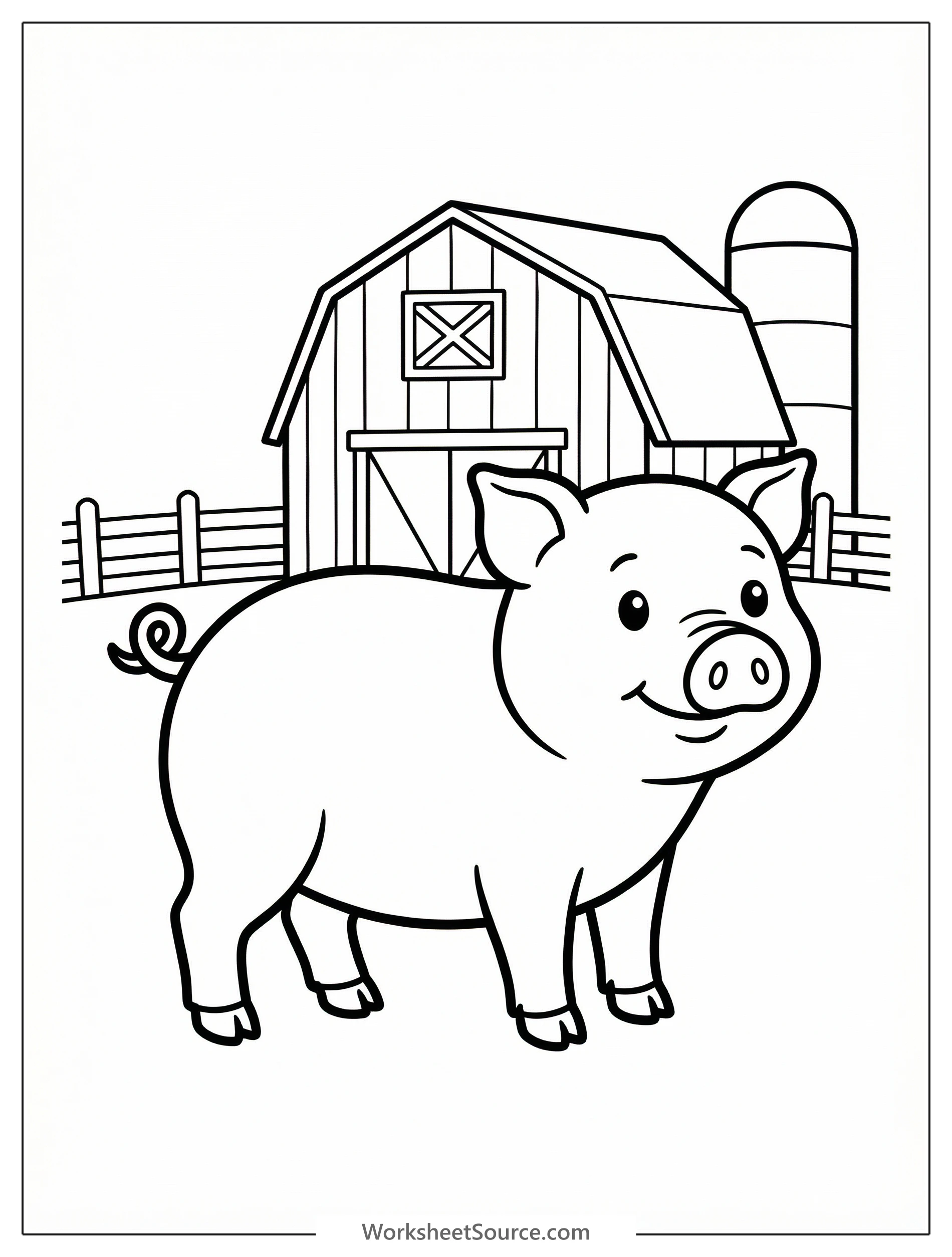 An anatomically correct pig stands within a detailed farm scene, featuring a classic barn with a pitched roof and a sturdy wooden fence.